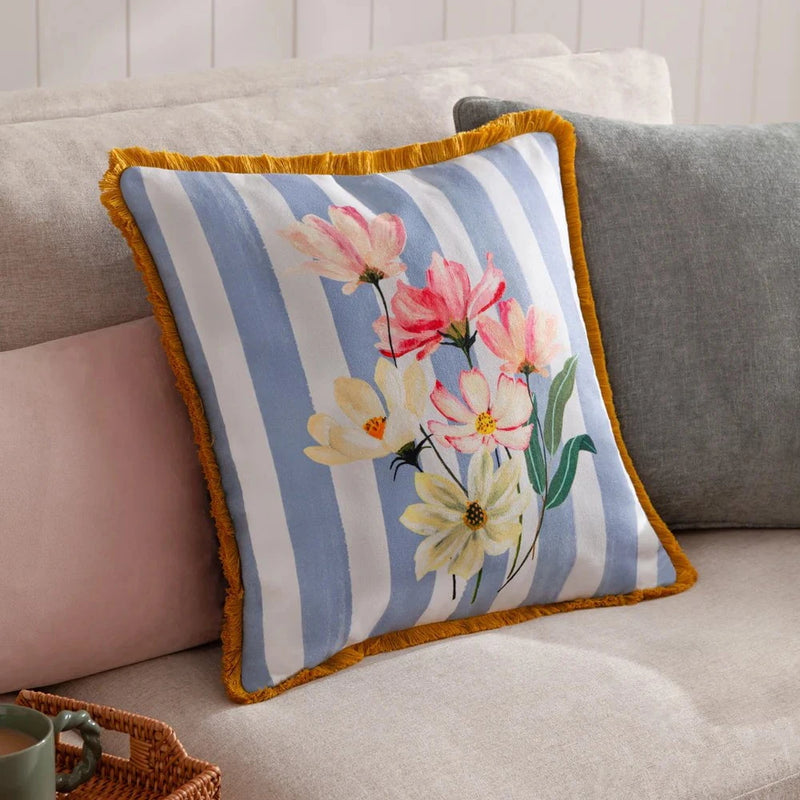 Wylder Nature Marais Cosmos Printed Chenille Cushion Blue/Yellow