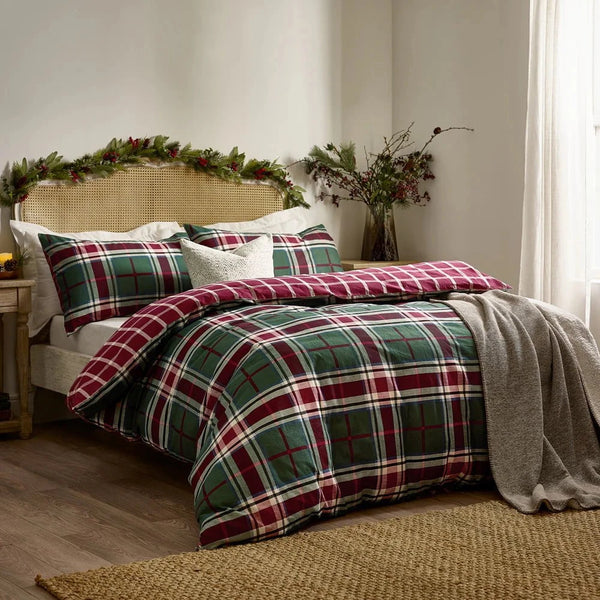 BRAEMAR CHECK SOFT BRUSHED COTTON DUVET COVER SET BERRY/PINE  by Wylder