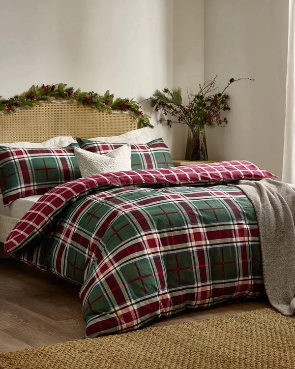 BRAEMAR CHECK SOFT BRUSHED COTTON DUVET COVER SET BERRY/PINE  by Wylder