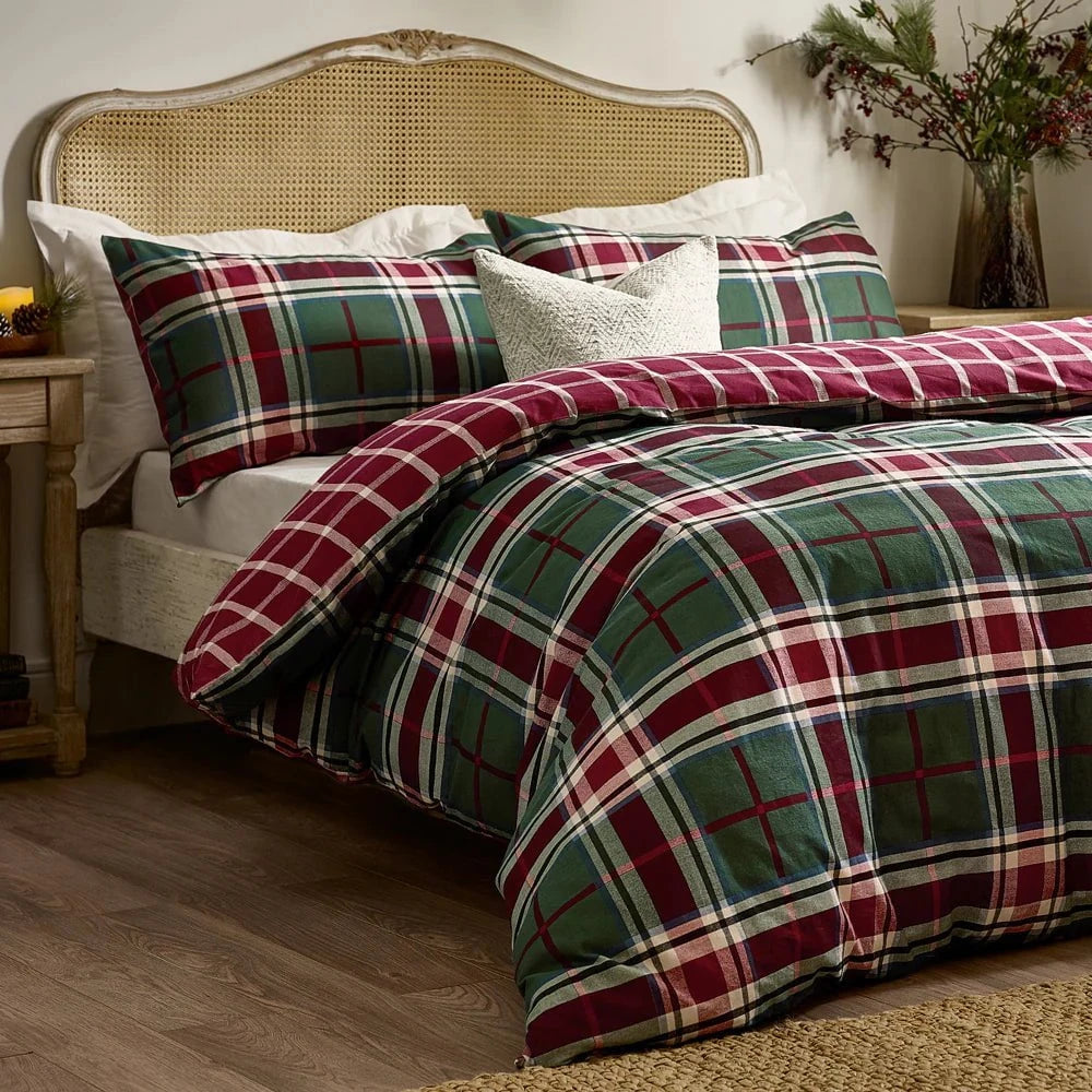 Wylder (Riva Home) Duvet Cover set Braemar Check Soft Brushed Cotton Duvet Cover Set Berry/Pine by Wylder