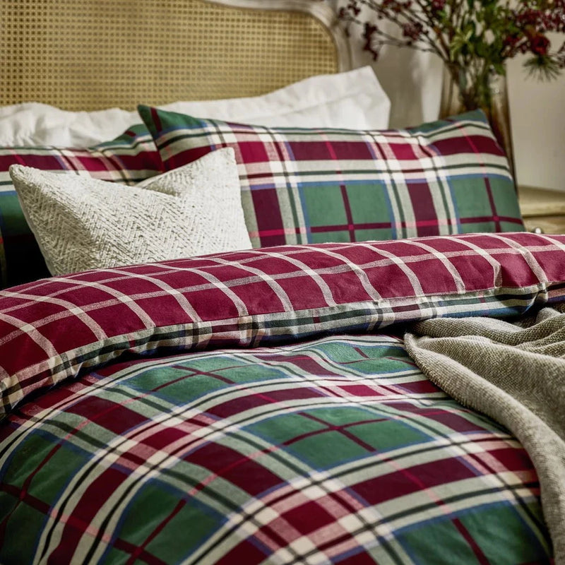 BRAEMAR CHECK SOFT BRUSHED COTTON DUVET COVER SET BERRY/PINE  by Wylder