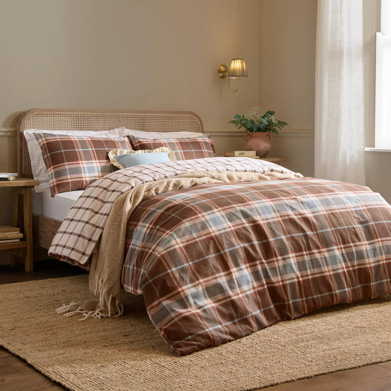 BRAEMAR CHECK SOFT BRUSHED COTTON DUVET COVER SET CHOCOLATE/BLUE  by Wylder