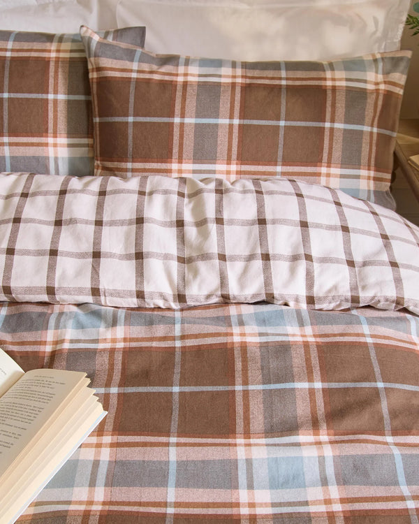 BRAEMAR CHECK SOFT BRUSHED COTTON DUVET COVER SET CHOCOLATE/BLUE  by Wylder
