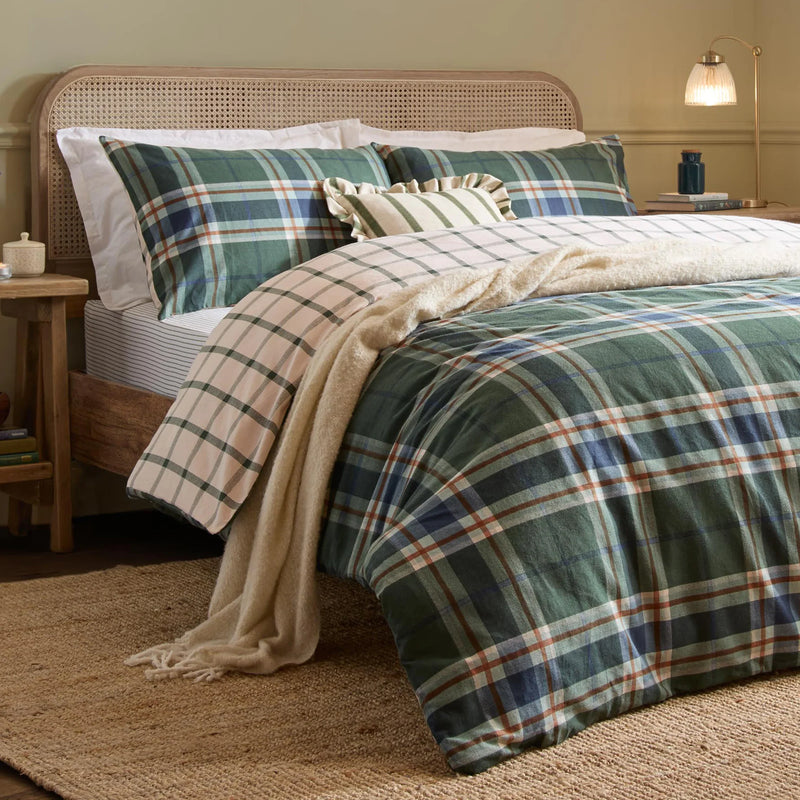 BRAEMAR CHECK SOFT BRUSHED COTTON DUVET COVER SET FOREST/NAVY  by Wylder