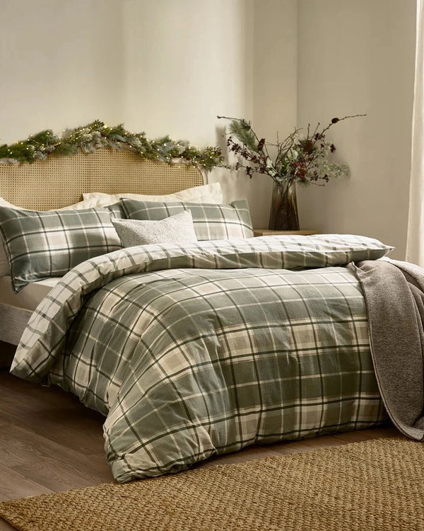 BRAEMAR CHECK SOFT BRUSHED COTTON DUVET COVER SET GREEN/NATURAL  by Wylder