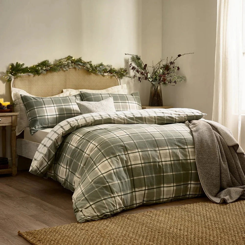 BRAEMAR CHECK SOFT BRUSHED COTTON DUVET COVER SET GREEN/NATURAL  by Wylder