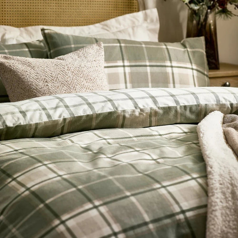 BRAEMAR CHECK SOFT BRUSHED COTTON DUVET COVER SET GREEN/NATURAL  by Wylder