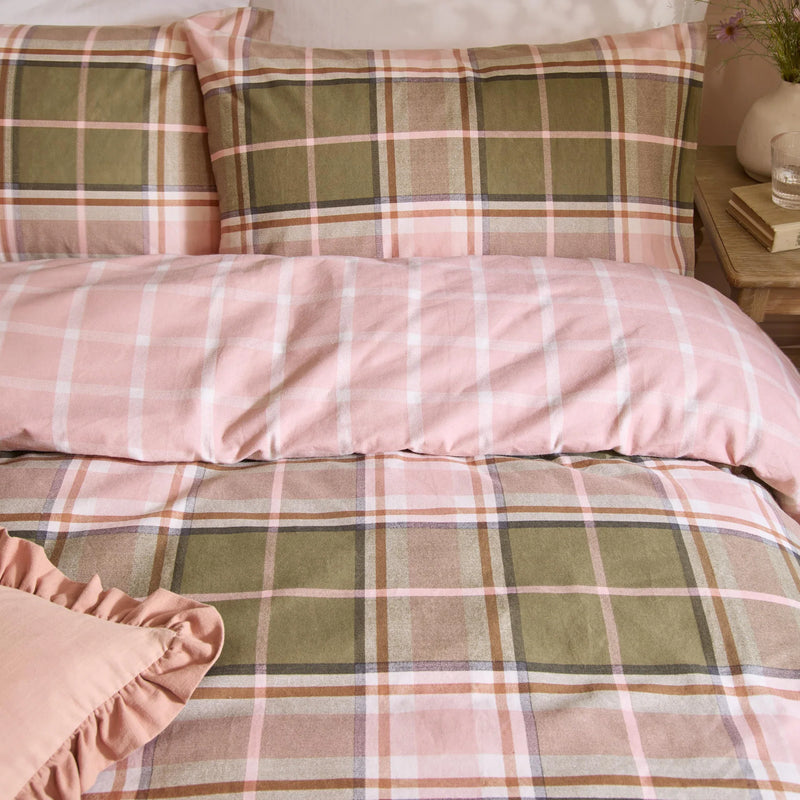 BRAEMAR CHECK SOFT BRUSHED COTTON DUVET COVER SET PINK/GREEN  by Wylder
