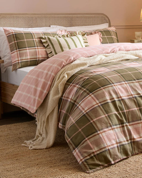 BRAEMAR CHECK SOFT BRUSHED COTTON DUVET COVER SET PINK/GREEN  by Wylder