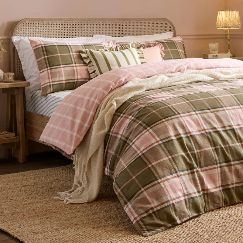 BRAEMAR CHECK SOFT BRUSHED COTTON DUVET COVER SET PINK/GREEN  by Wylder