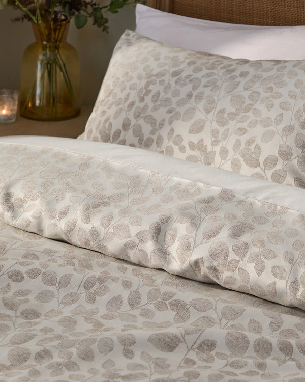 Grace Leaf Jacquard Satin Duvet Cover Set Natural by Wylder