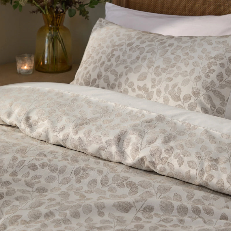 Grace Leaf Jacquard Satin Duvet Cover Set Natural by Wylder