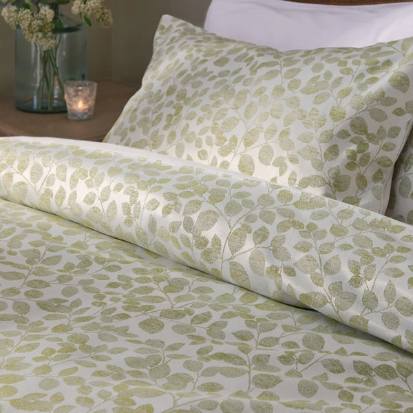 Grace Leaf Jacquard Satin Duvet Cover Set Sage by Wylder