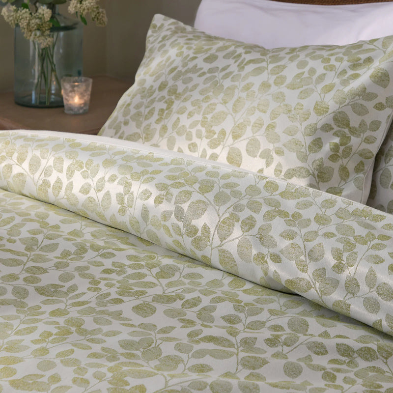Grace Leaf Jacquard Satin Duvet Cover Set Sage by Wylder