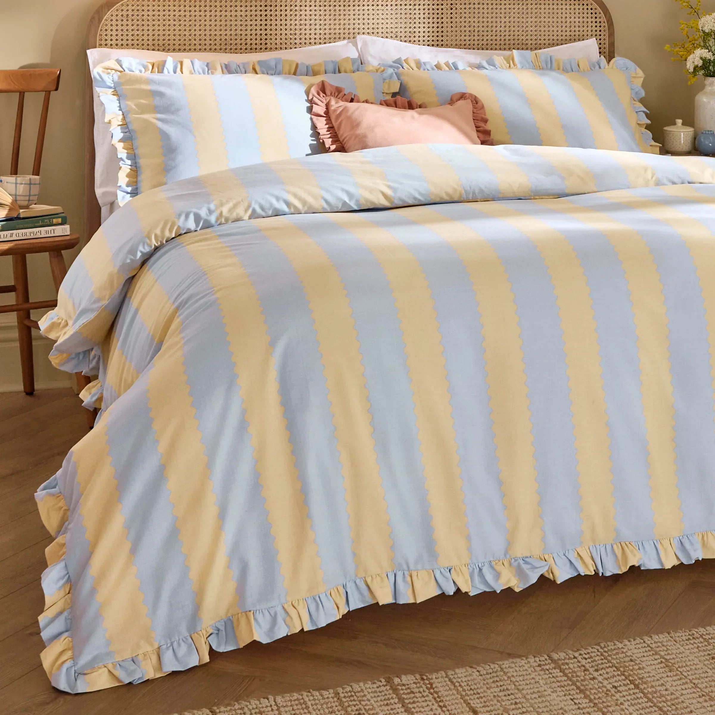 Wylder (Riva Home) Duvet Cover set Single / Lemon/Sky BIRDIE STRIPE RUFFLE DUVET COVER SET  by Wylder