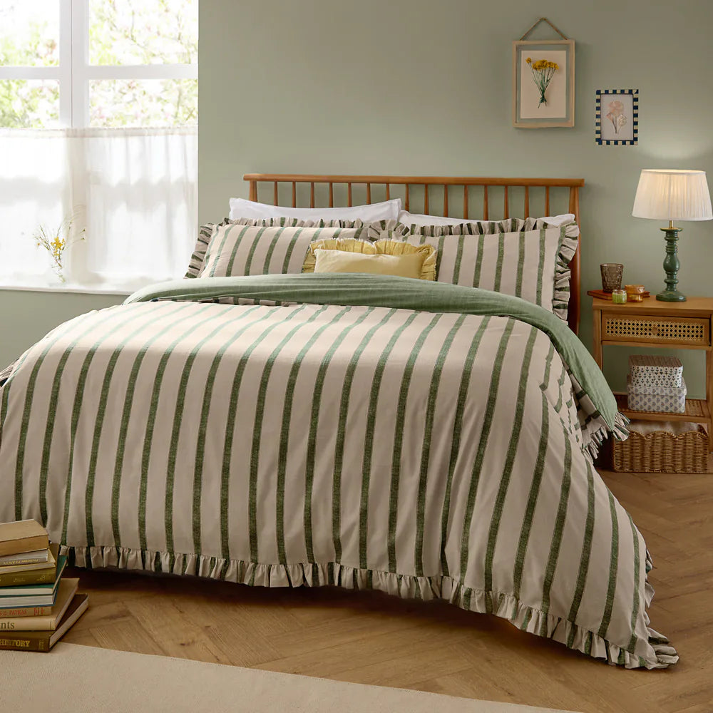 Wylder (Riva Home) Duvet Cover set Single / Moss CONNIE STRIPED RUFFLE DUVET COVER SET  by Wylder