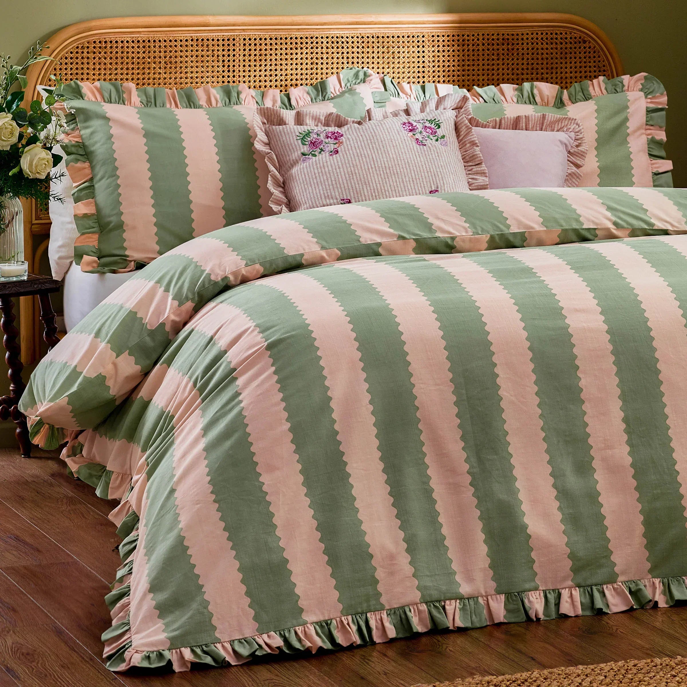 Wylder (Riva Home) Duvet Cover set Single / Pink/Green BIRDIE STRIPE RUFFLE DUVET COVER SET  by Wylder