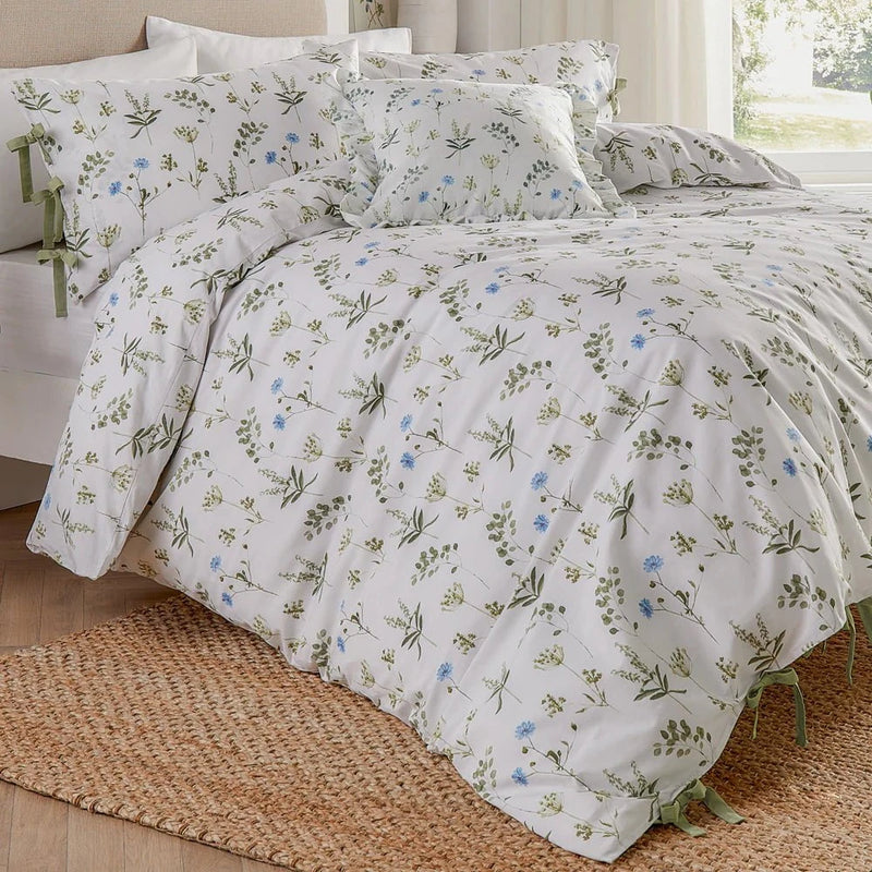 Wylder Meadow 100% Cotton Floral Duvet Cover Set White/Cornflower