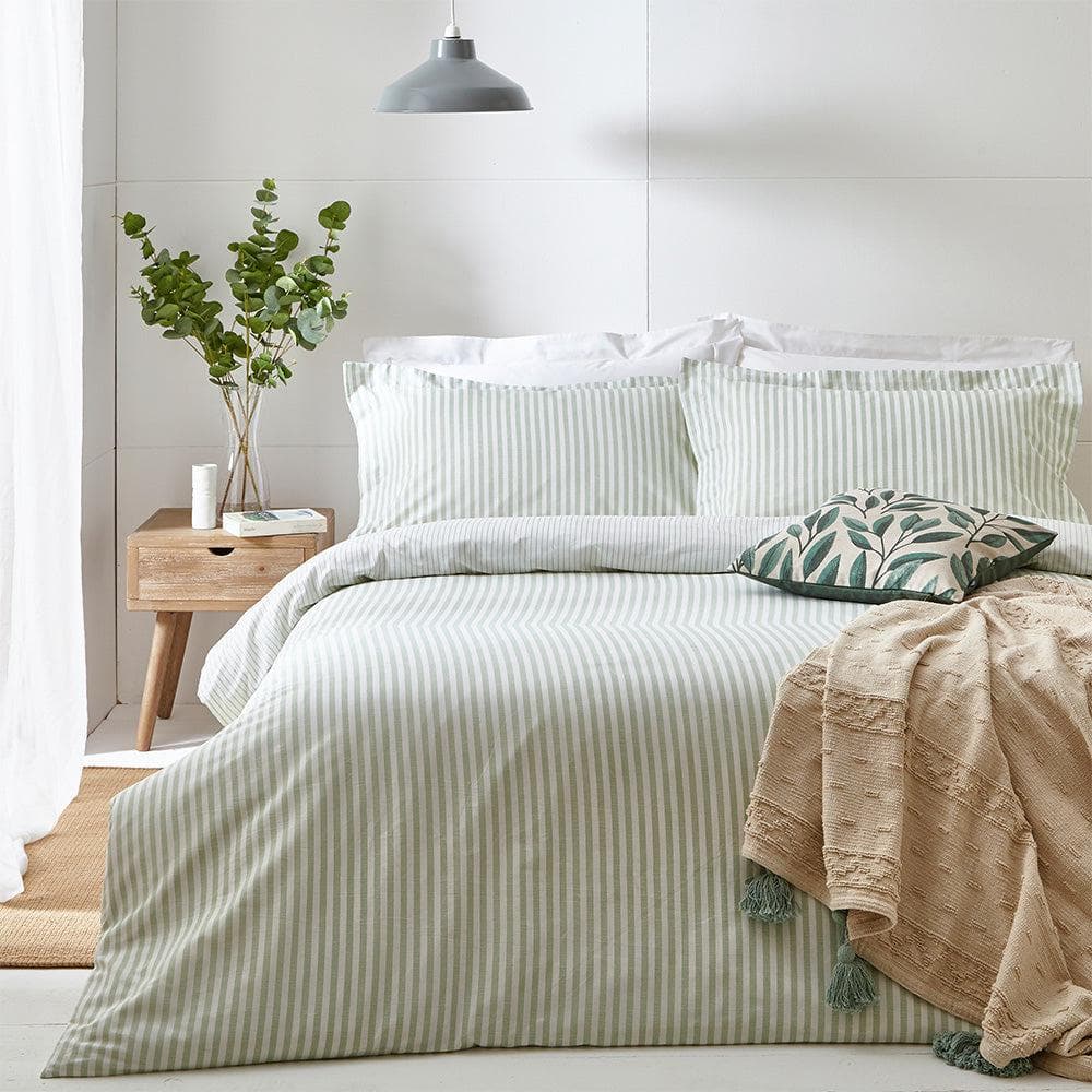 Yard Bedspread Hebden Mélange Stripe 100% Cotton Duvet Cover Set in Natural or Eucalyptus or Navy/Grey