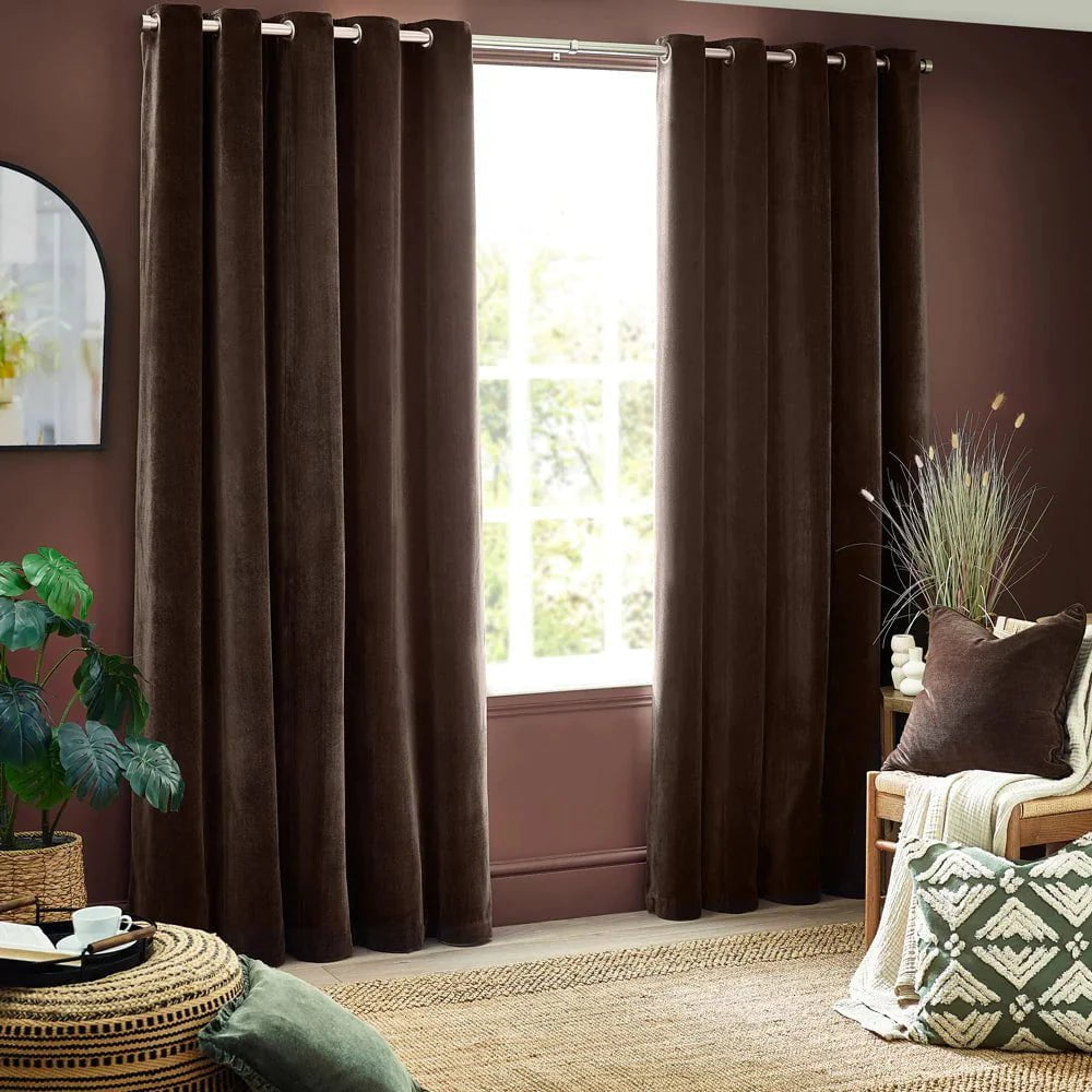 Yard Brown Heavy Chenille Room Darkening Eyelet Curtains (90x90inch / 229x229cm)