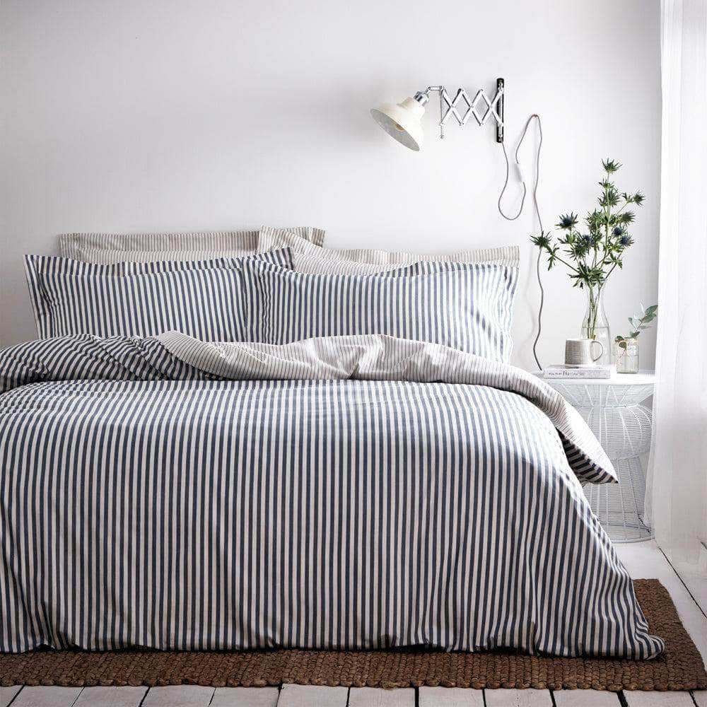 Yard (Riva Home) Bedspread Double Duvet set / Navy/Grey Hebden Mélange Stripe 100% Cotton Duvet Cover Set in Natural or Eucalyptus or Navy/Grey