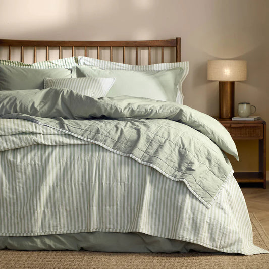 Yard (Riva Home) Bedspread/Throw 150cm x 200cm / Eucalyptus/Bay Green HEBDEN QUILTED STRIPE COTTON BEDSPREAD by Yard