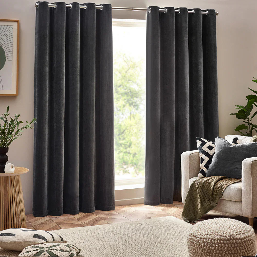 Yard (Riva Home) Curtains Charcoal / Blackout Lined / W 168cm x H 183cm (66" x 72") HEAVY CHENILLE EYELET CURTAINS by Yard