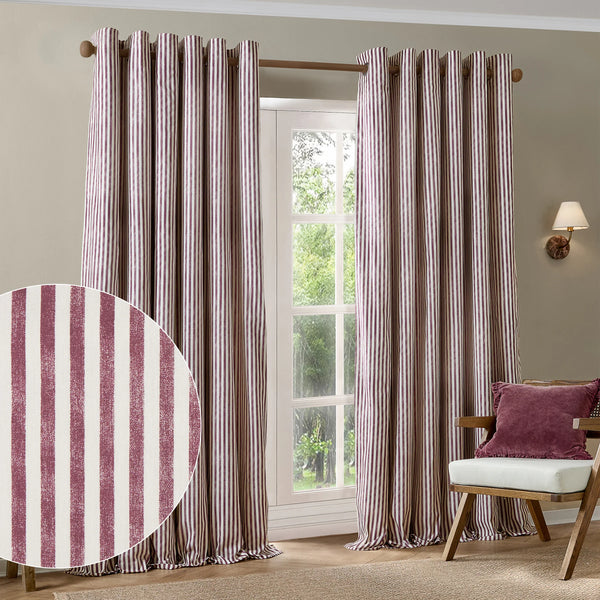 HEBDEN STRIPED 100% COTTON LINED CURTAINS BEETROOT by Yard