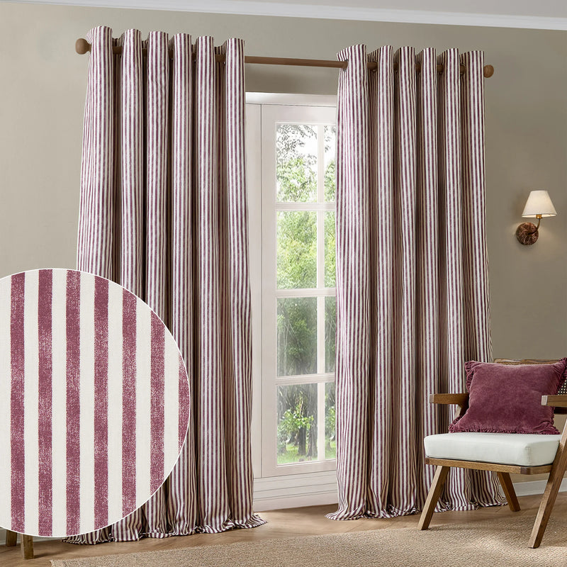 HEBDEN STRIPED 100% COTTON LINED CURTAINS BEETROOT by Yard