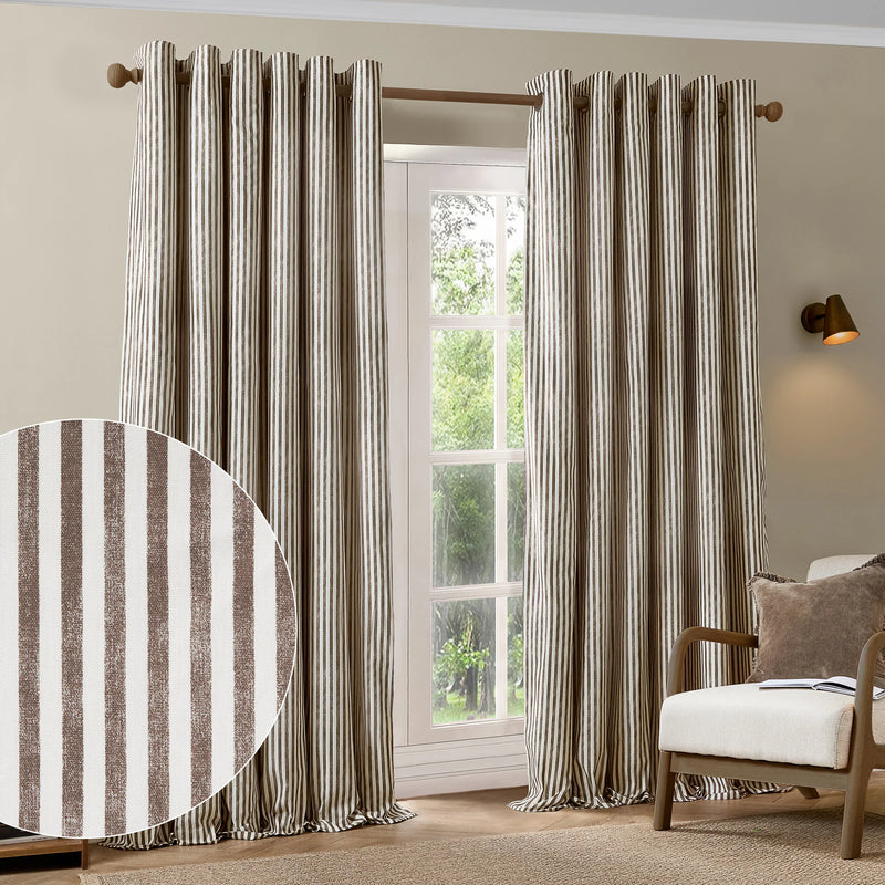 HEBDEN STRIPED 100% COTTON LINED CURTAINS CHOCOLATE by Yard