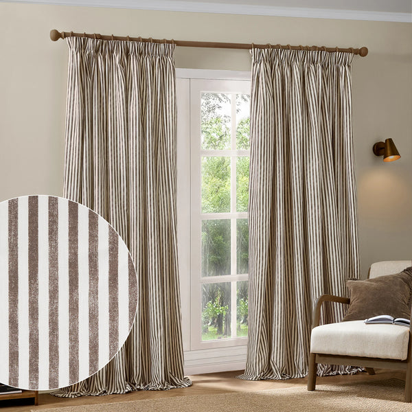 HEBDEN STRIPED 100% COTTON LINED CURTAINS CHOCOLATE by Yard