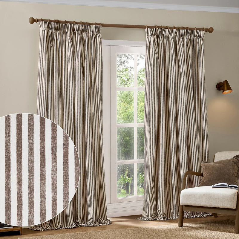 HEBDEN STRIPED 100% COTTON LINED CURTAINS CHOCOLATE by Yard