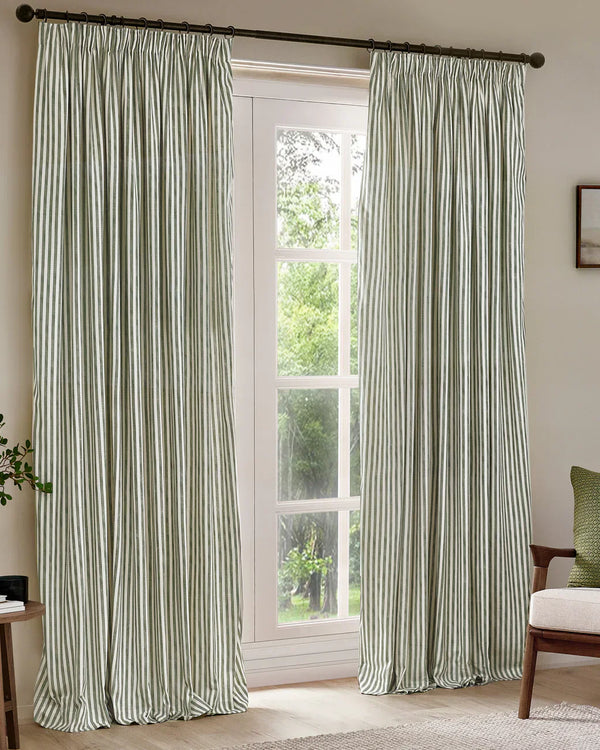 HEBDEN STRIPED 100% COTTON LINED CURTAINS FOREST GREEN by Yard