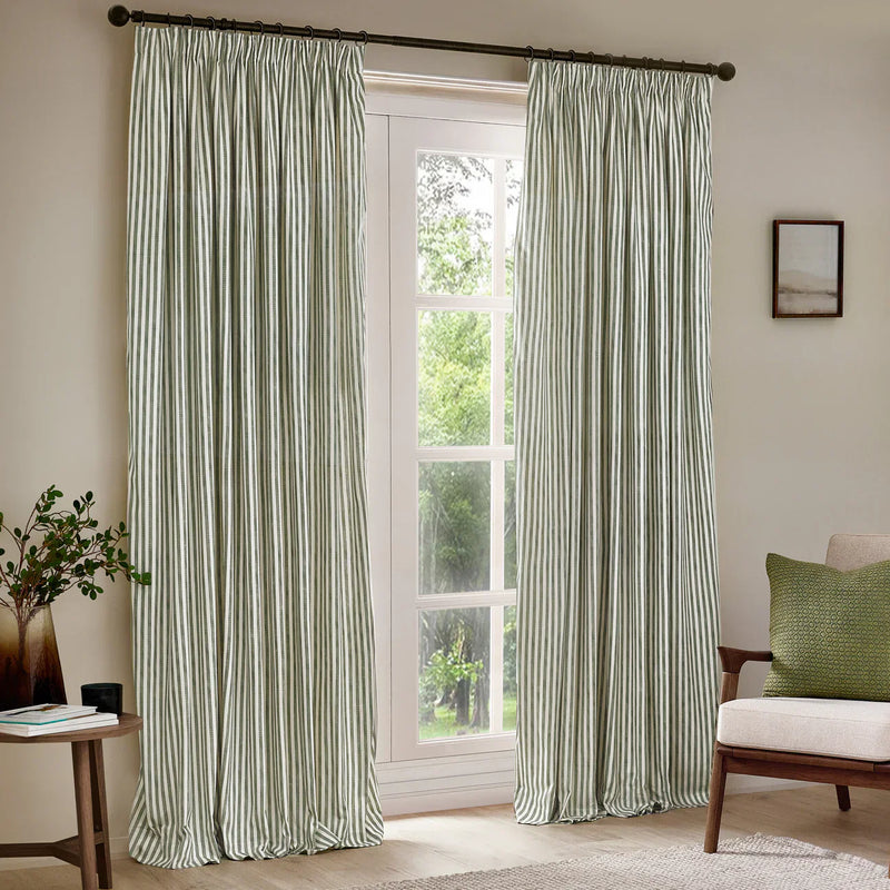 HEBDEN STRIPED 100% COTTON LINED CURTAINS FOREST GREEN by Yard