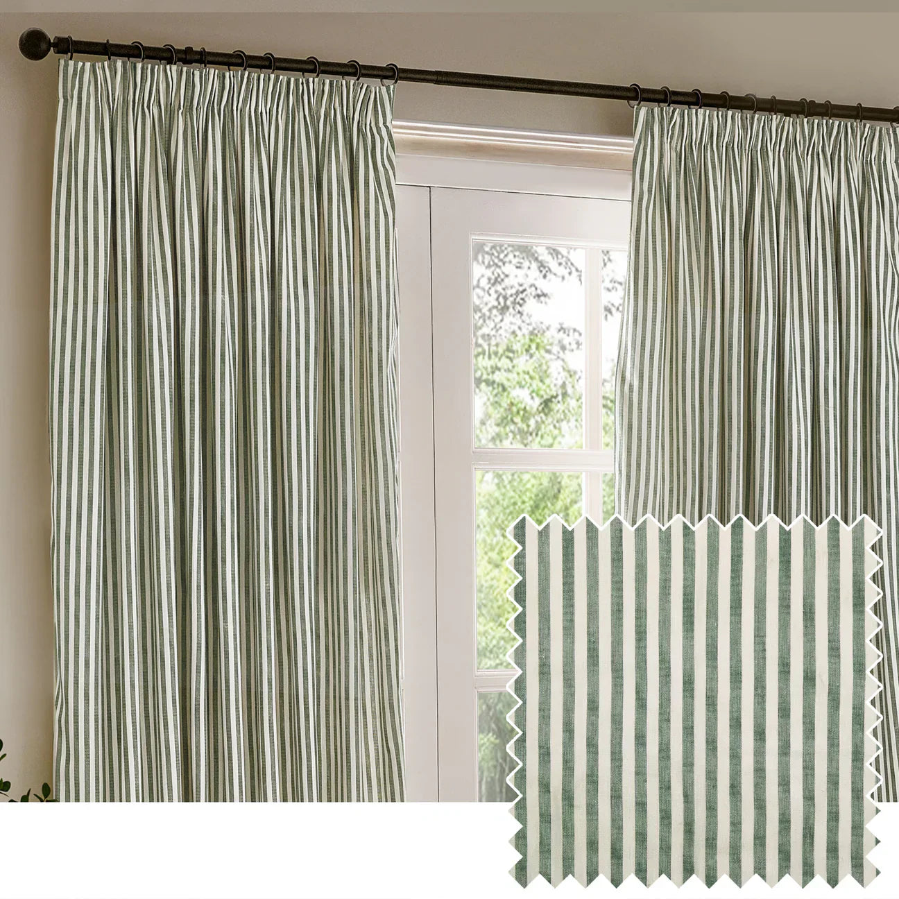 Yard (Riva Home) Curtains HEBDEN STRIPED 100% COTTON LINED CURTAINS FOREST GREEN by Yard