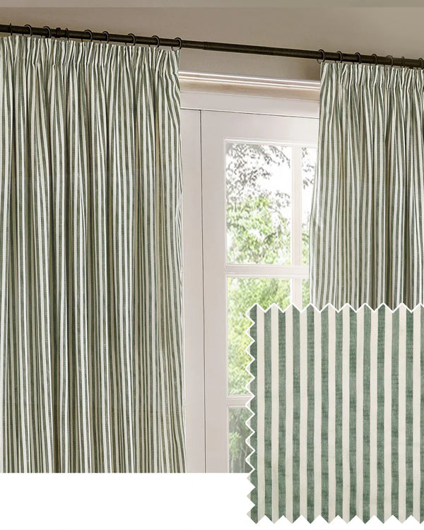 HEBDEN STRIPED 100% COTTON LINED CURTAINS FOREST GREEN by Yard