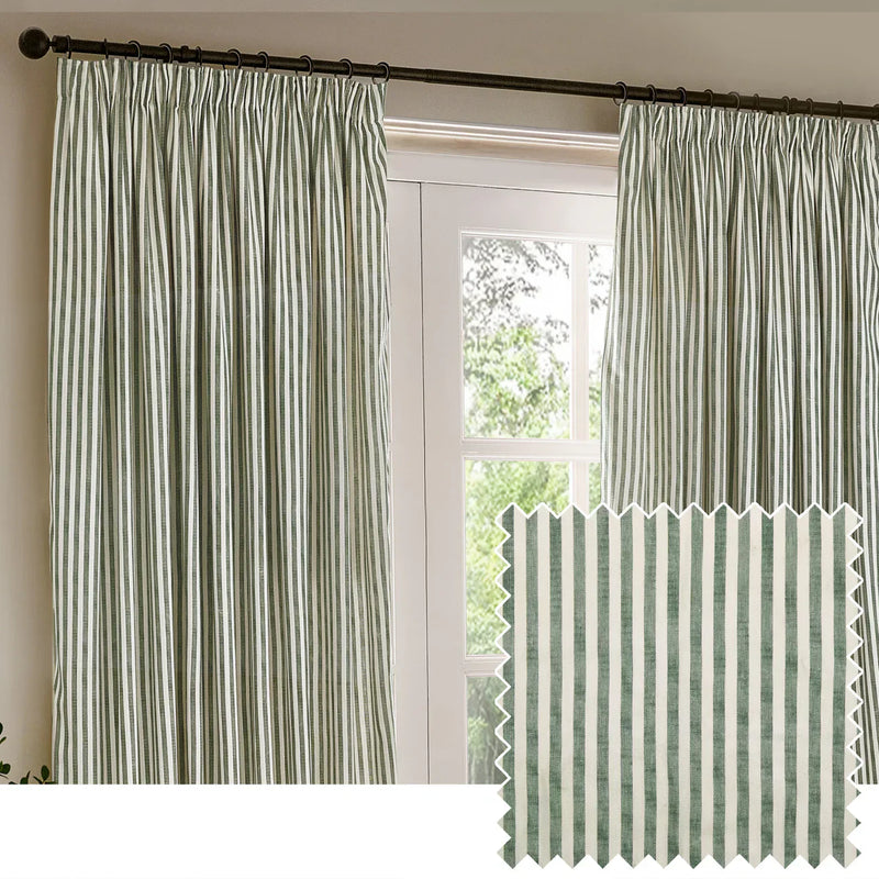 HEBDEN STRIPED 100% COTTON LINED CURTAINS FOREST GREEN by Yard