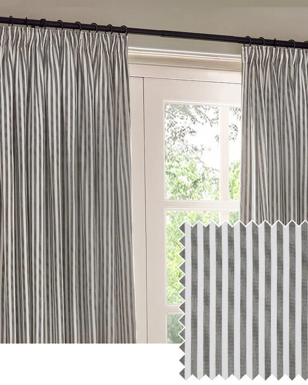 HEBDEN STRIPED 100% COTTON LINED CURTAINS GREY by Yard