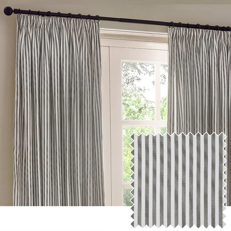 HEBDEN STRIPED 100% COTTON LINED CURTAINS GREY by Yard