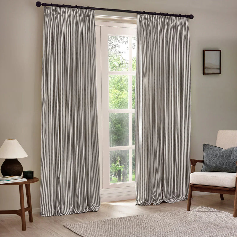 HEBDEN STRIPED 100% COTTON LINED CURTAINS GREY by Yard