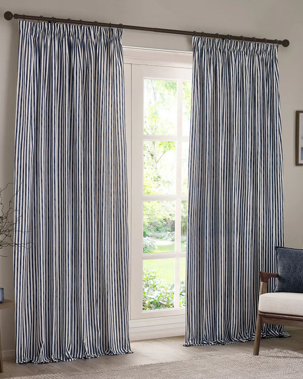 HEBDEN STRIPED 100% COTTON LINED CURTAINS NAVY by Yard