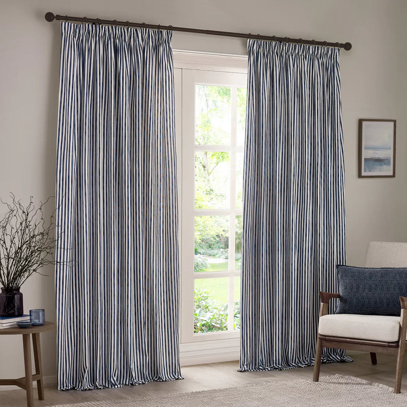 HEBDEN STRIPED 100% COTTON LINED CURTAINS NAVY by Yard