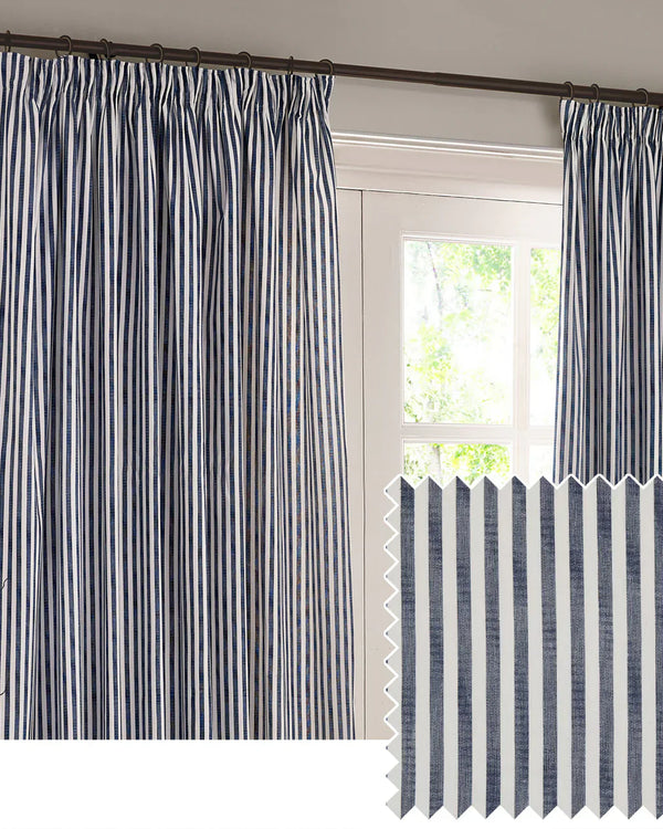 HEBDEN STRIPED 100% COTTON LINED CURTAINS NAVY by Yard