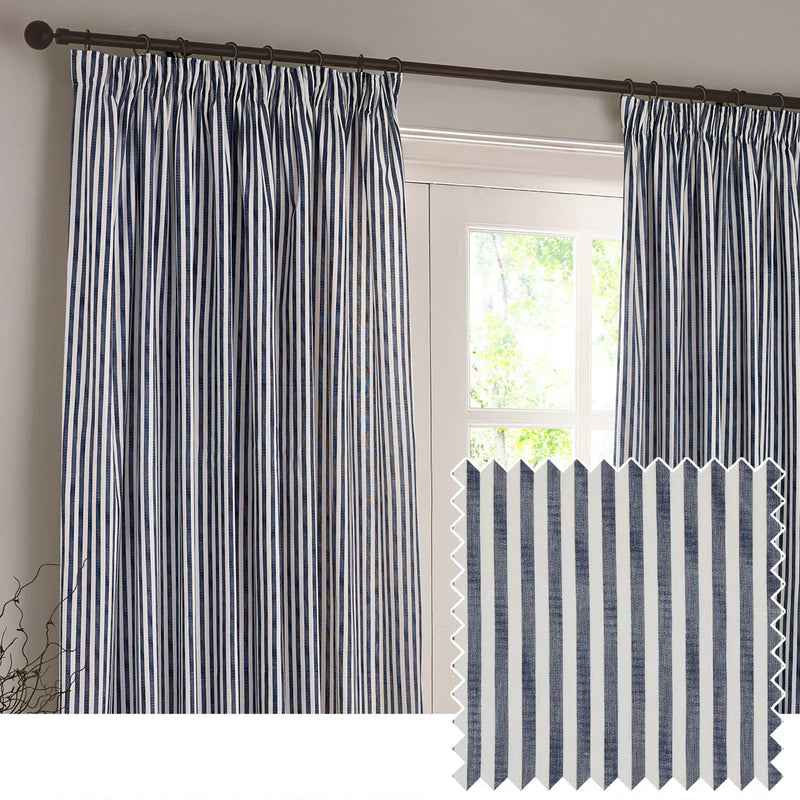 HEBDEN STRIPED 100% COTTON LINED CURTAINS NAVY by Yard