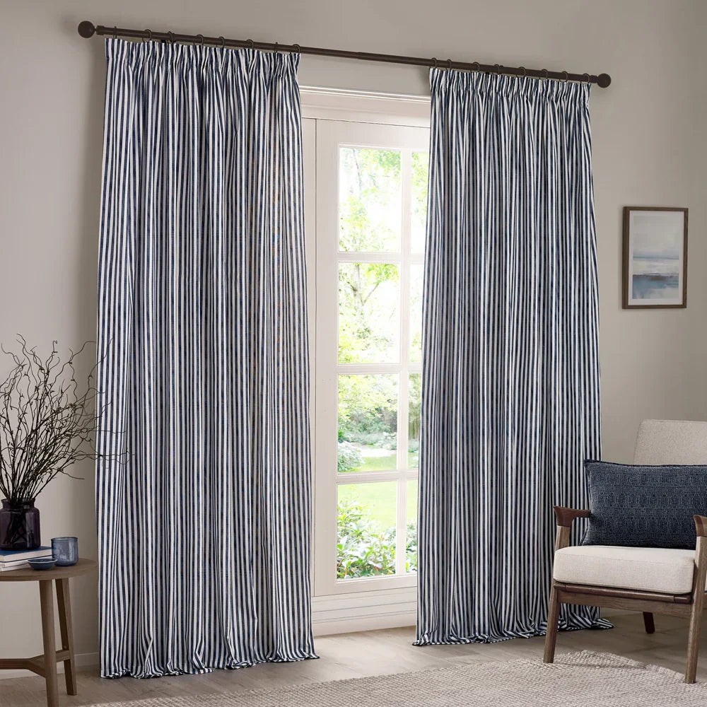 Yard (Riva Home) Curtains Navy / 66in x 72in (168cm x 183cm) / Fully Lined HEBDEN STRIPED 100% COTTON CURTAINS Pencil Pleat by Yard