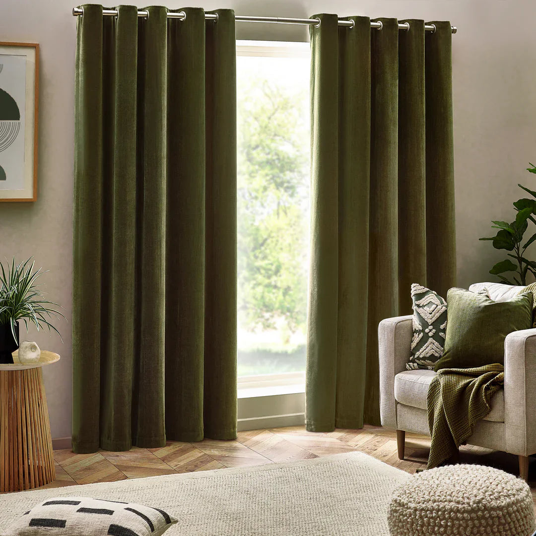 Yard (Riva Home) Curtains Olive / Blackout Lined / W 168cm x H 183cm (66" x 72") HEAVY CHENILLE EYELET CURTAINS by Yard
