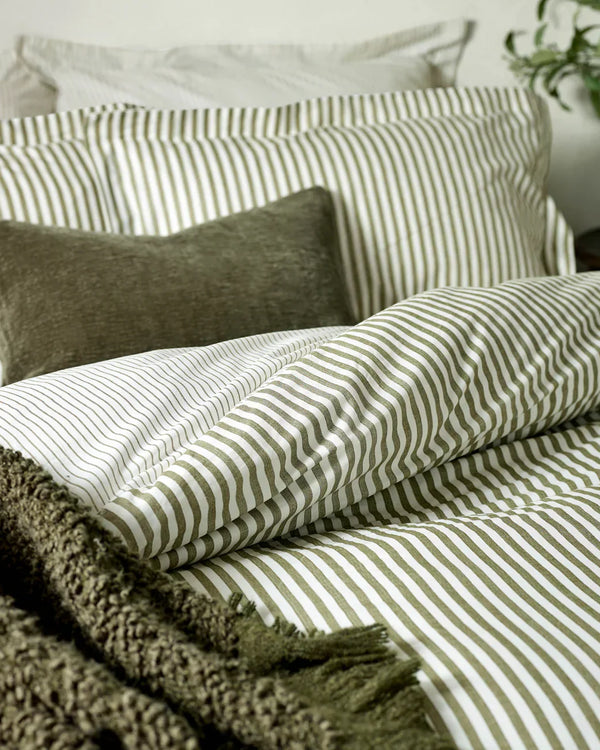 Hebden Stripe 100% Cotton Duvet Cover Set Olive  by Yard
