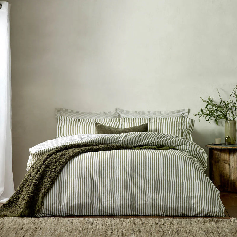 Hebden Stripe 100% Cotton Duvet Cover Set Olive  by Yard