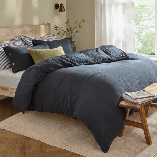 Yard (Riva Home) Duvet Cover set Lark Muslin 100% Cotton Duvet Cover Set Mineral Navy by Yard