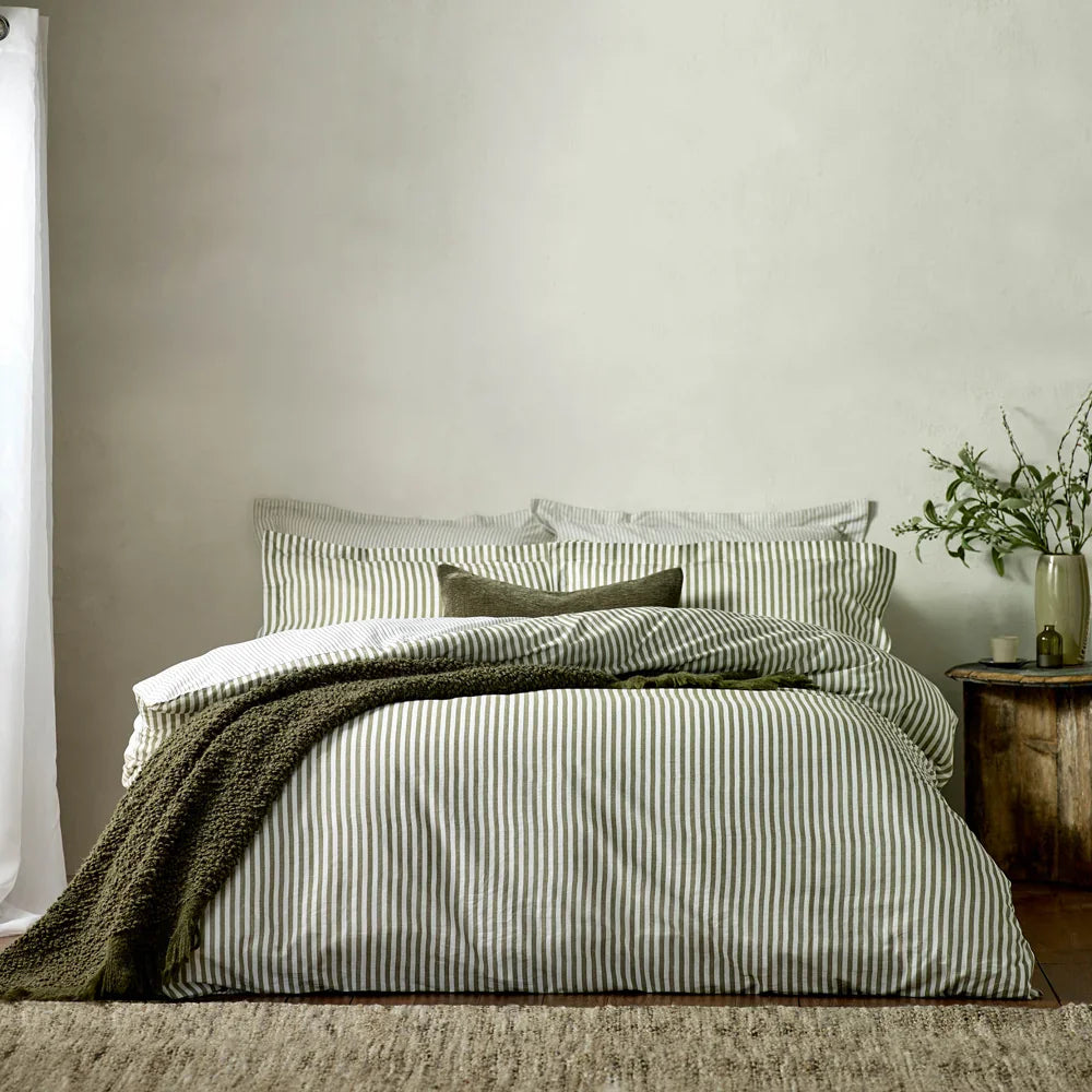 Yard (Riva Home) Duvet Cover set Olive / Single HEBDEN MÉLANGE STRIPE 100% COTTON DUVET COVER SET by Yard
